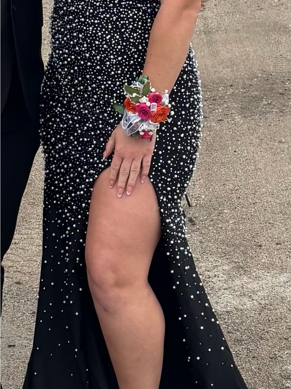 Pearl-Embellished Black Prom Gown with Thigh Slit